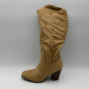 Rilista Cowboy Knee High Boots Suede Square Toe Tan Women’s 7 D2Y289